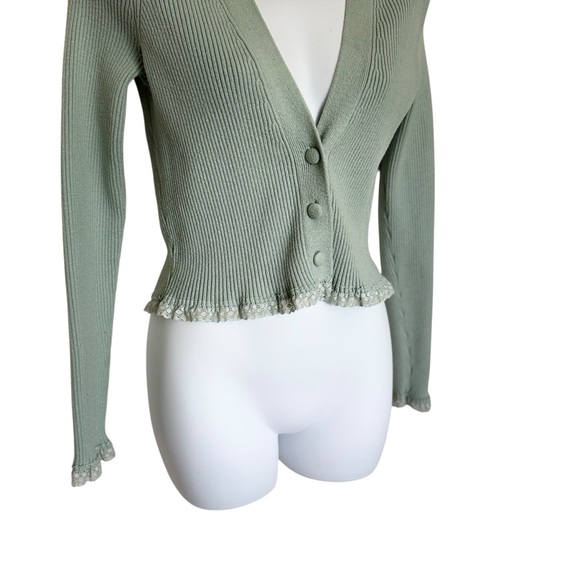 For Love and Lemons Nina Cropped Mint Ribbed Button Cardigan with Lace Trim - Picture 5 of 9